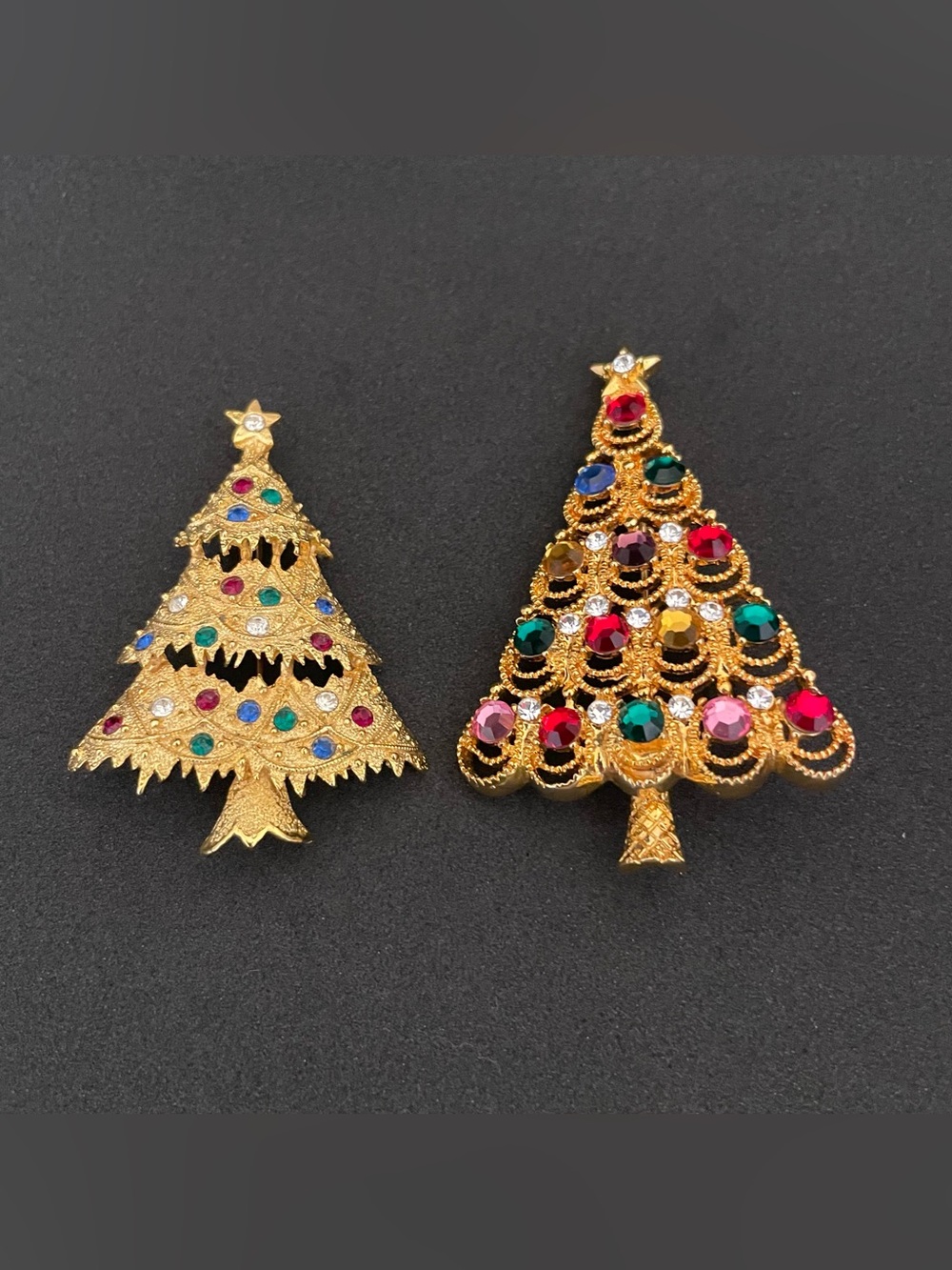 Eisenberg Ice Lot 2 Christmas Tree Brooch Pins Gold Tone Multicolor Rhinestones
